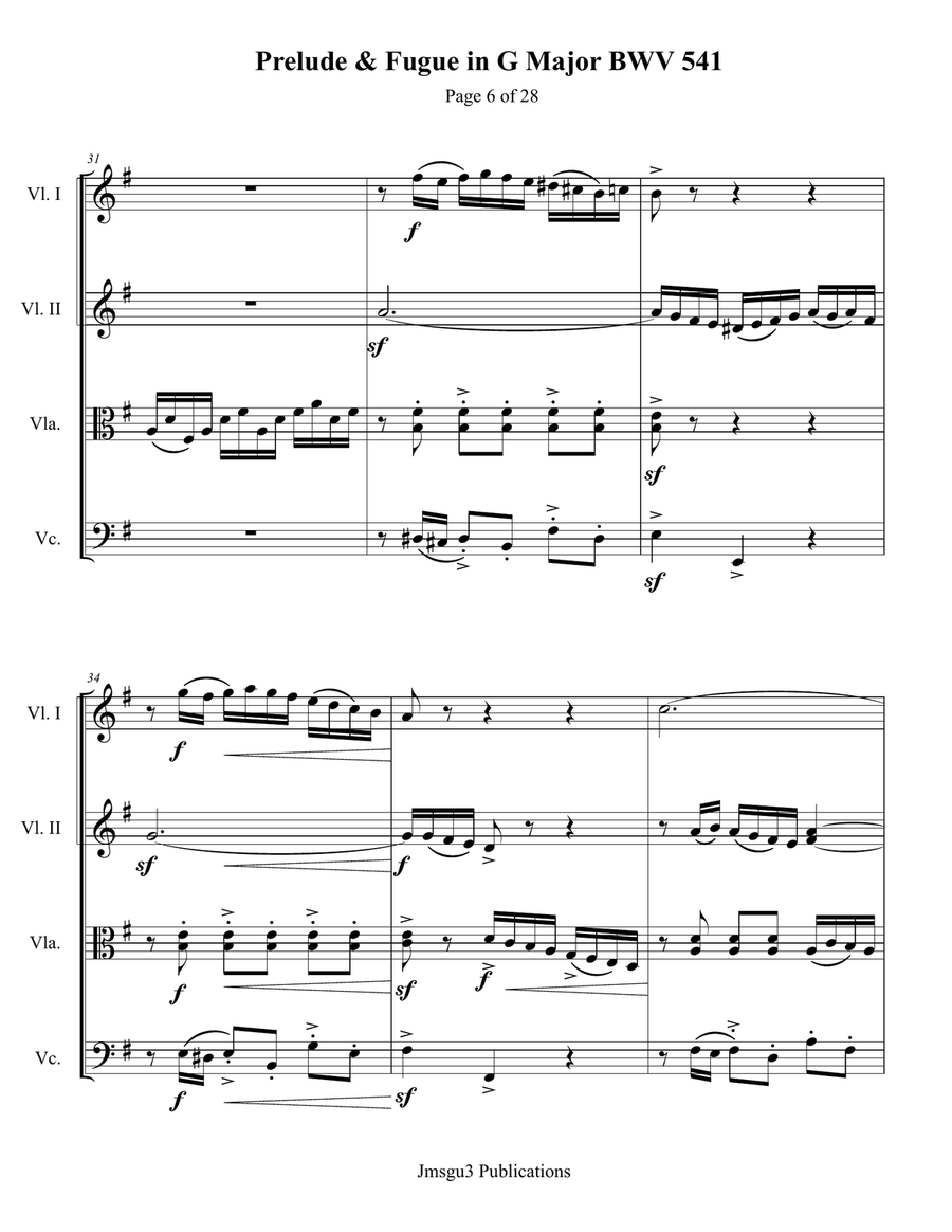 Bach: Prelude & Fugue in G Major BWV 541 for String Quartet String Quartet scores gallery preview page 6