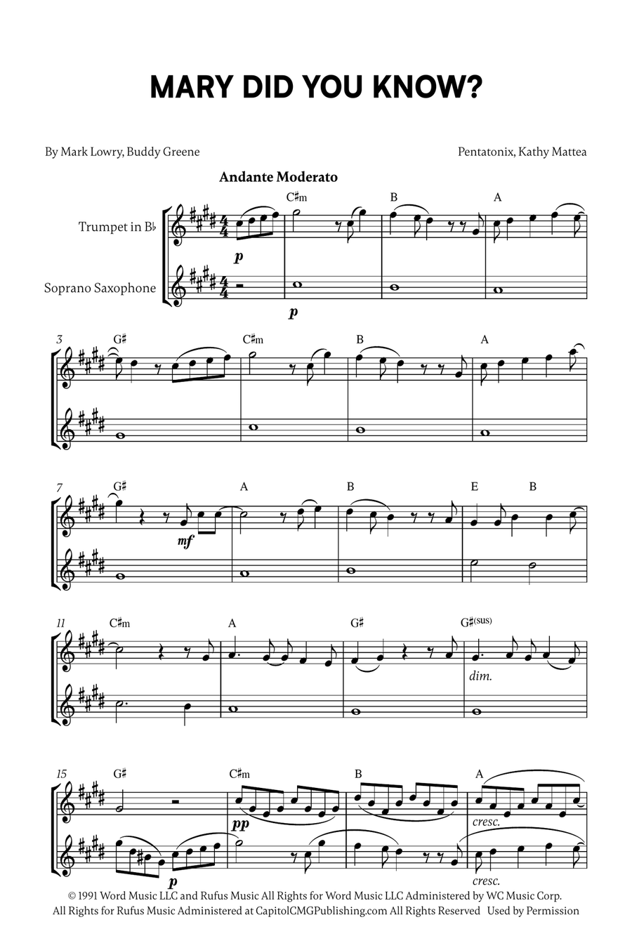 Mary, Did You Know? Soprano Saxophone scores gallery preview page 1