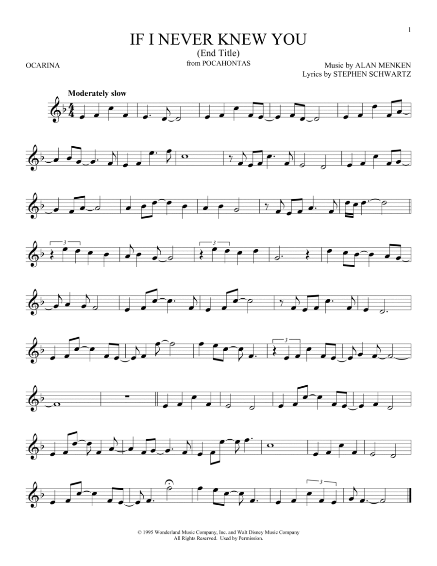 If I Never Knew You (End Title) (from Pocahontas) ocarina scores gallery preview page 1