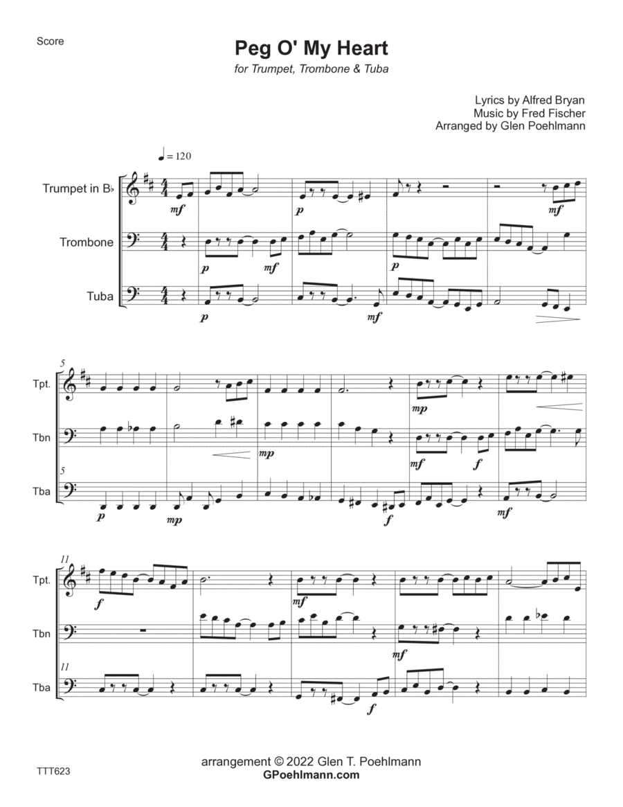 PEG O' MY HEART - Trumpet, Trombone & tuba (unaccompanied) Brass Ensemble scores gallery preview page 1