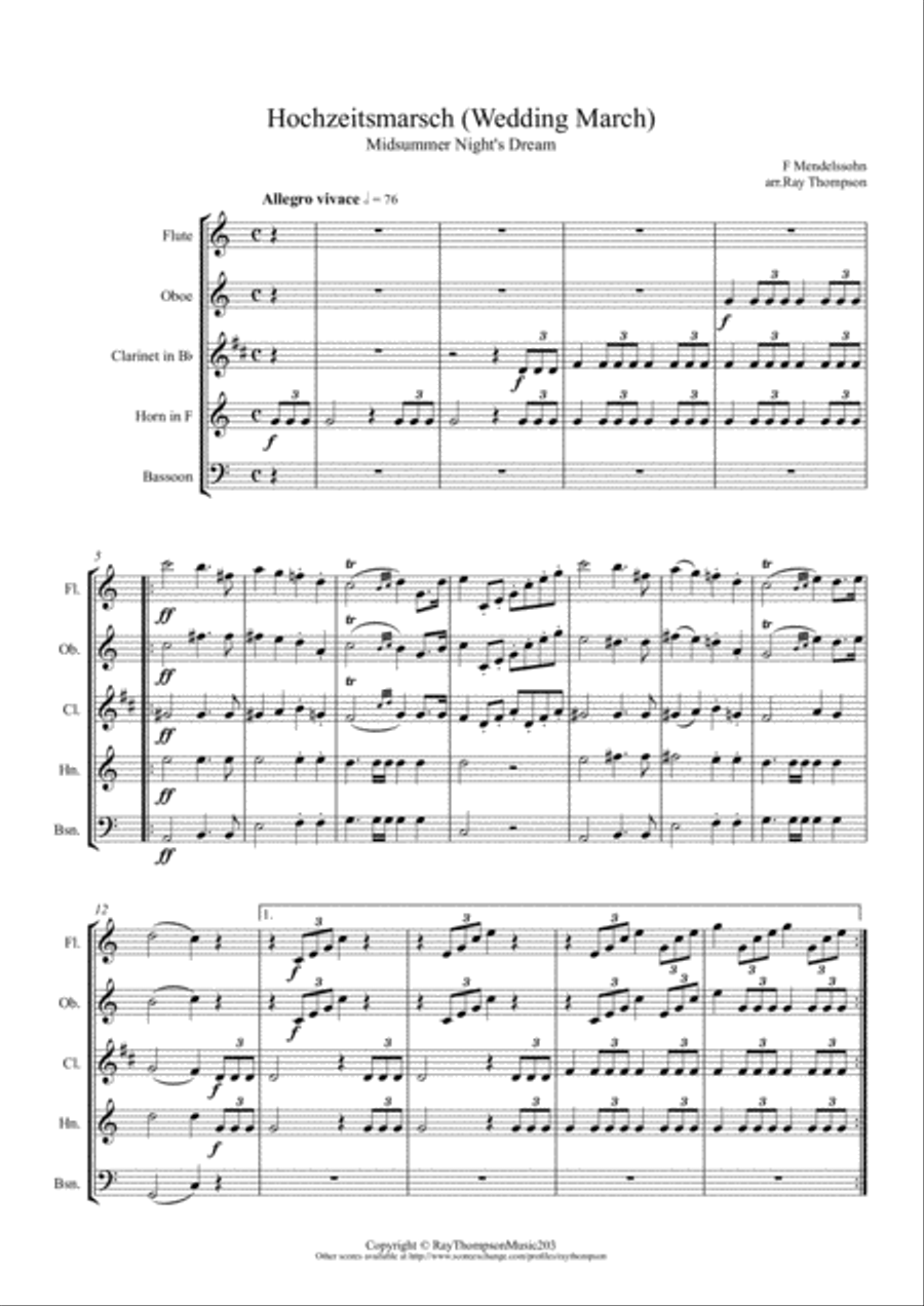 Mendelssohn: Incidental Music from A Midsummer Night's Dream Op.61.9.Hochzeitsmarsch -Wedding March Woodwind Quintet scores gallery preview page 1