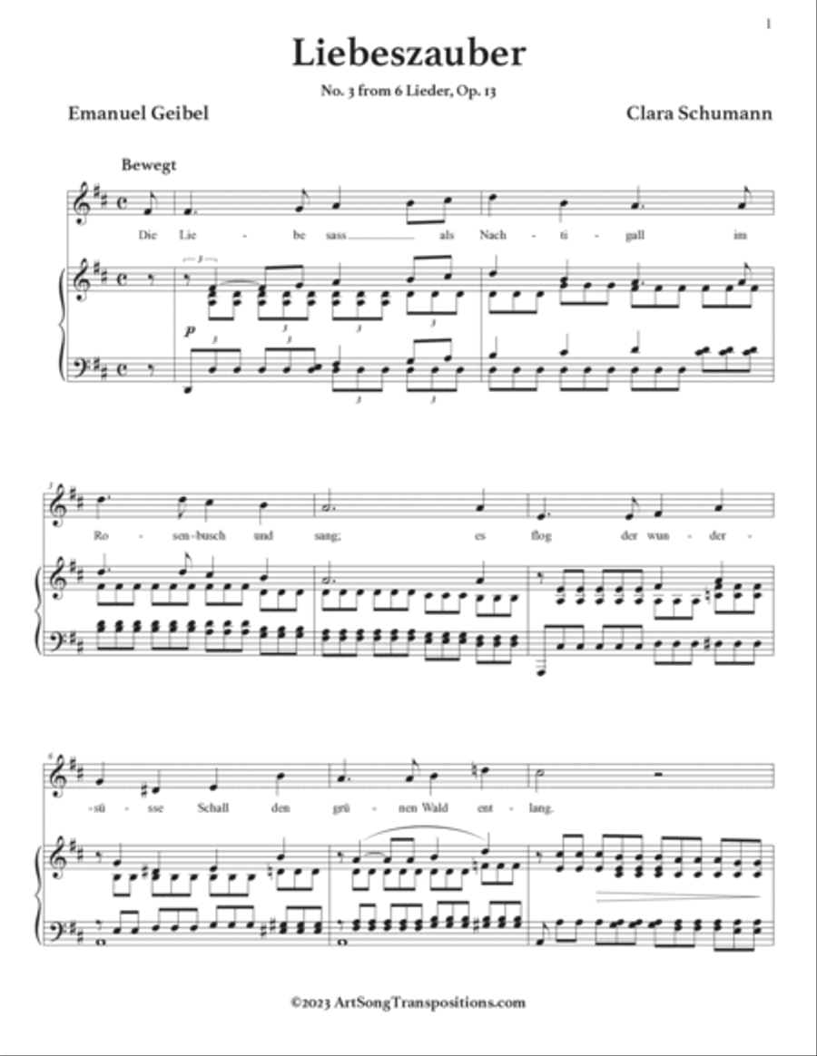 CLARA SCHUMANN: Liebeszauber, Op. 13 no. 3 (transposed to D major) Voice scores gallery preview page 2