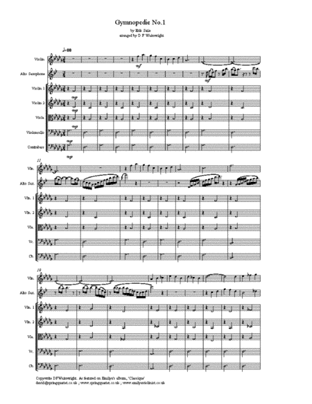 Gymnopedie No 1 by Satie, arranged for solo violin, alto saxophone and strings score & parts image number null
