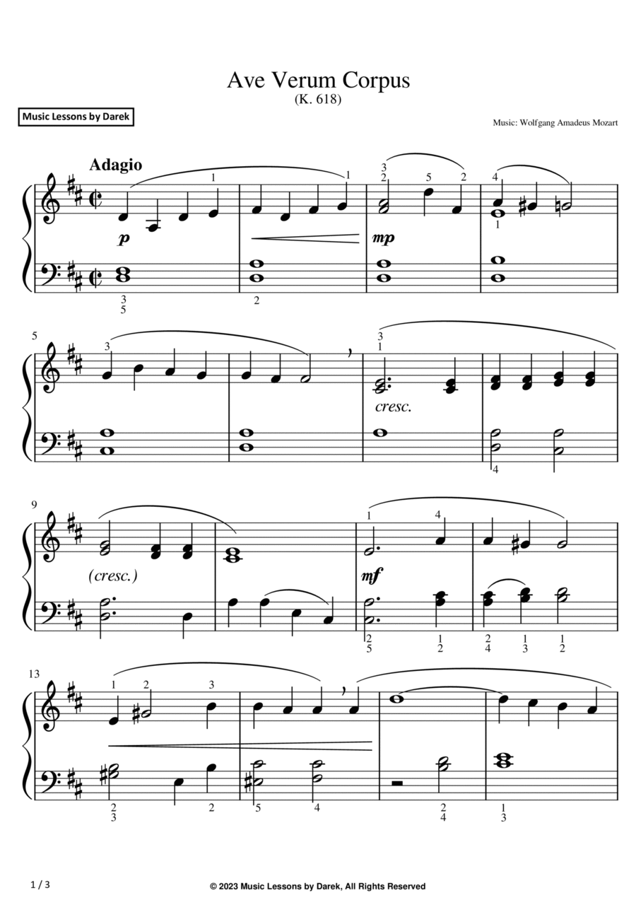 Ave Verum Corpus (EASY PIANO) (K. 618) [Wolfgang Amadeus Mozart] Easy Piano scores gallery preview page 1