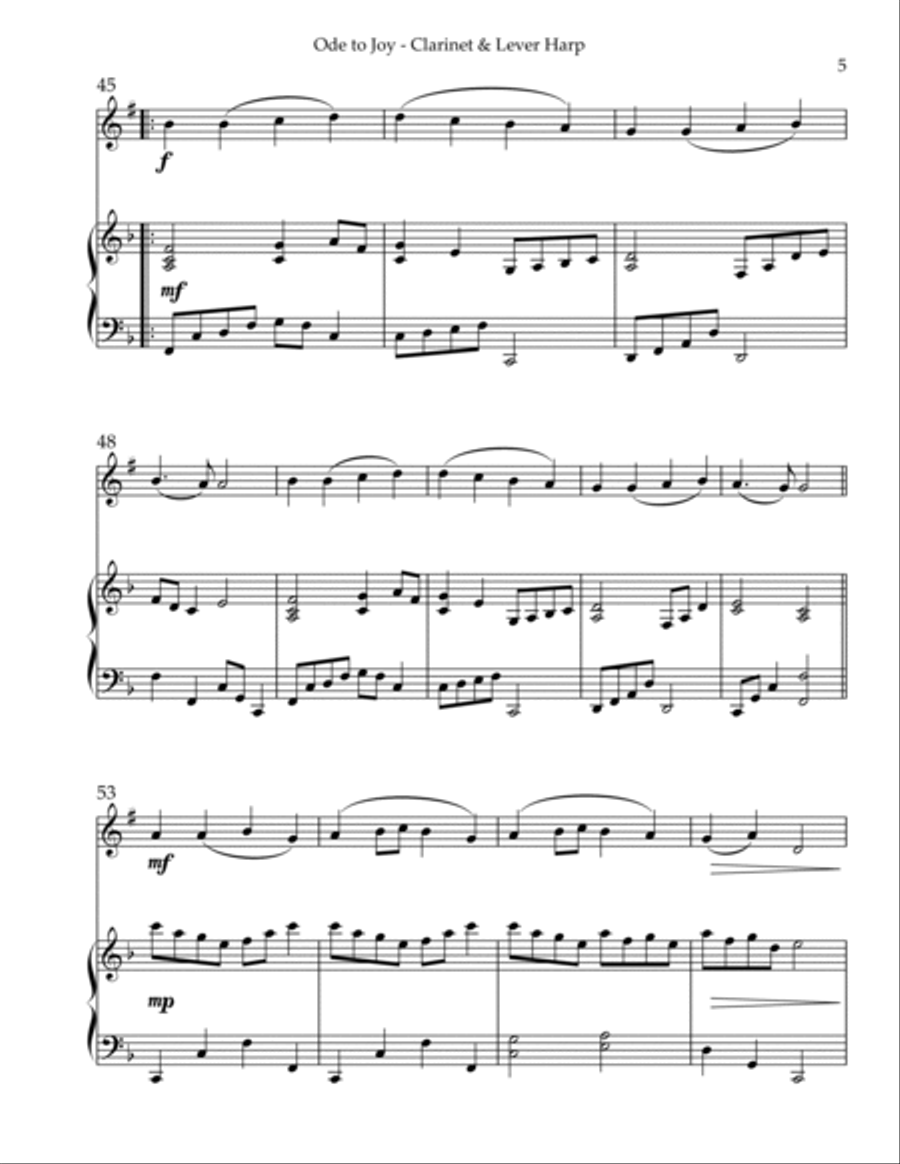 Ode to Joy, Duet for Bb Clarinet & Lever Harp B-Flat Clarinet scores gallery preview page 5