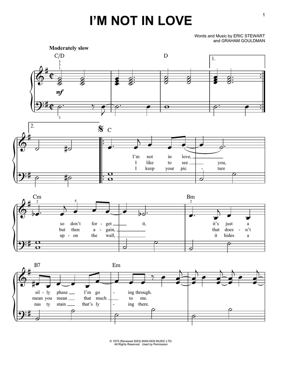 I'm Not In Love Easy Piano scores gallery preview page 1