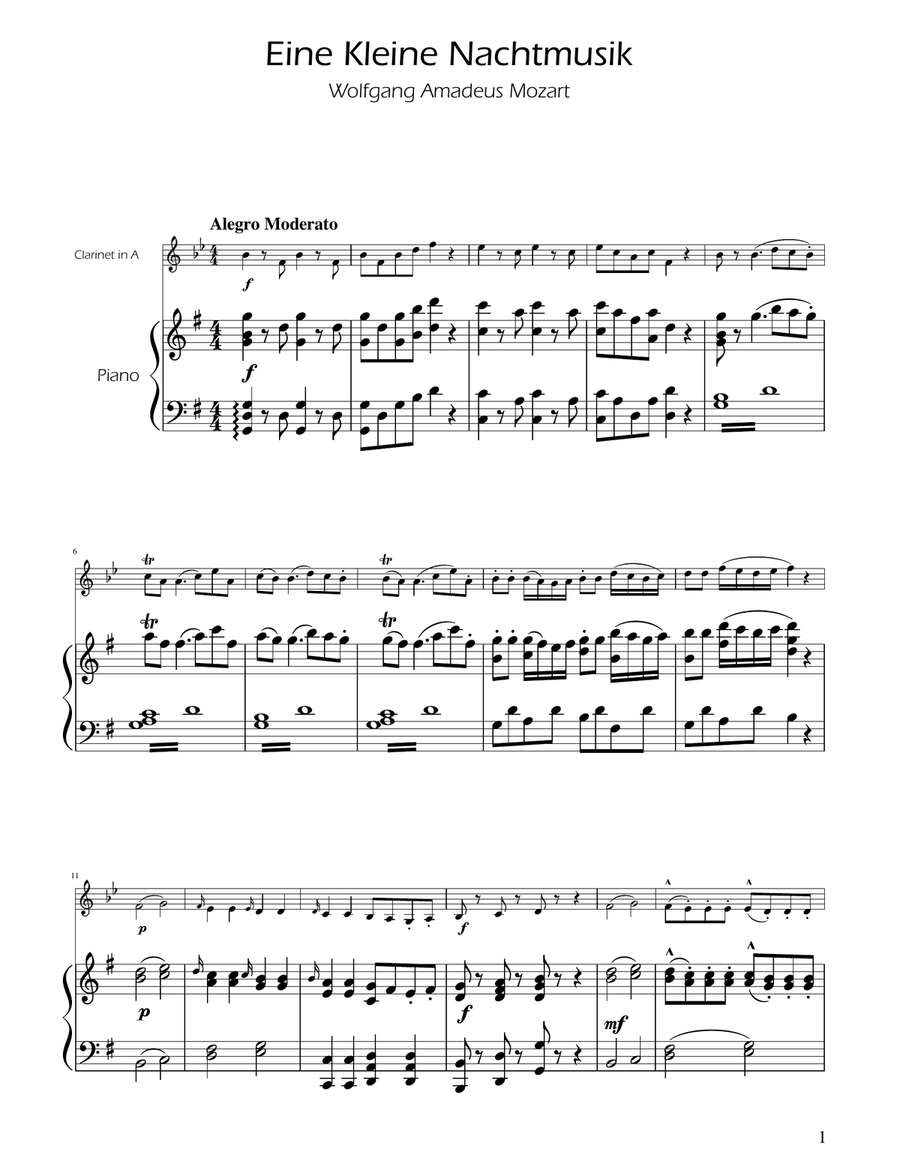 Book cover for Mozart: Eine Kleine Nachtmusik (K.525) - Clarinet in A Solo w/ Piano