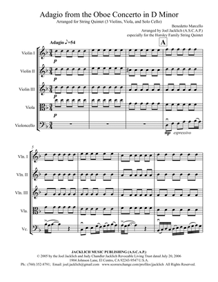 Book cover for Adagio from the Oboe Concerto in D minor (arranged for Solo Cello, 3 Violins, and Viola)