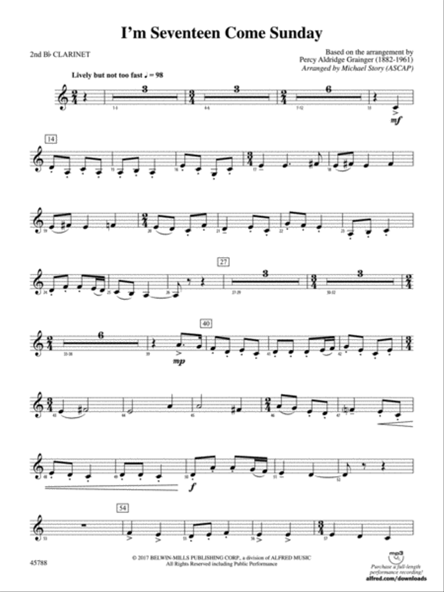 I'm Seventeen Come Sunday: 2nd B-flat Clarinet Concert Band scores gallery preview page 1