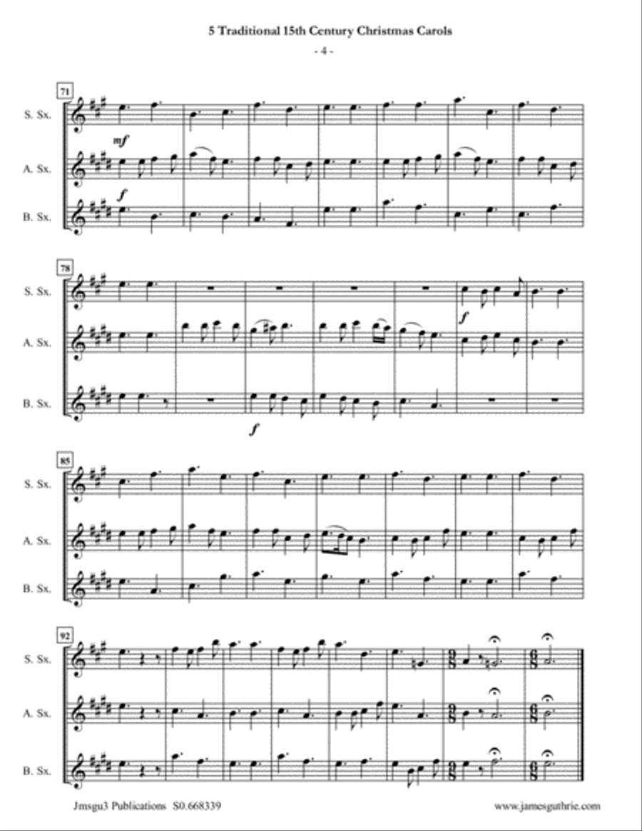 5 Traditional 15th Century Christmas Carols for Soprano, Alto & Baritone Sax Trio Woodwind Trio scores gallery preview page 4