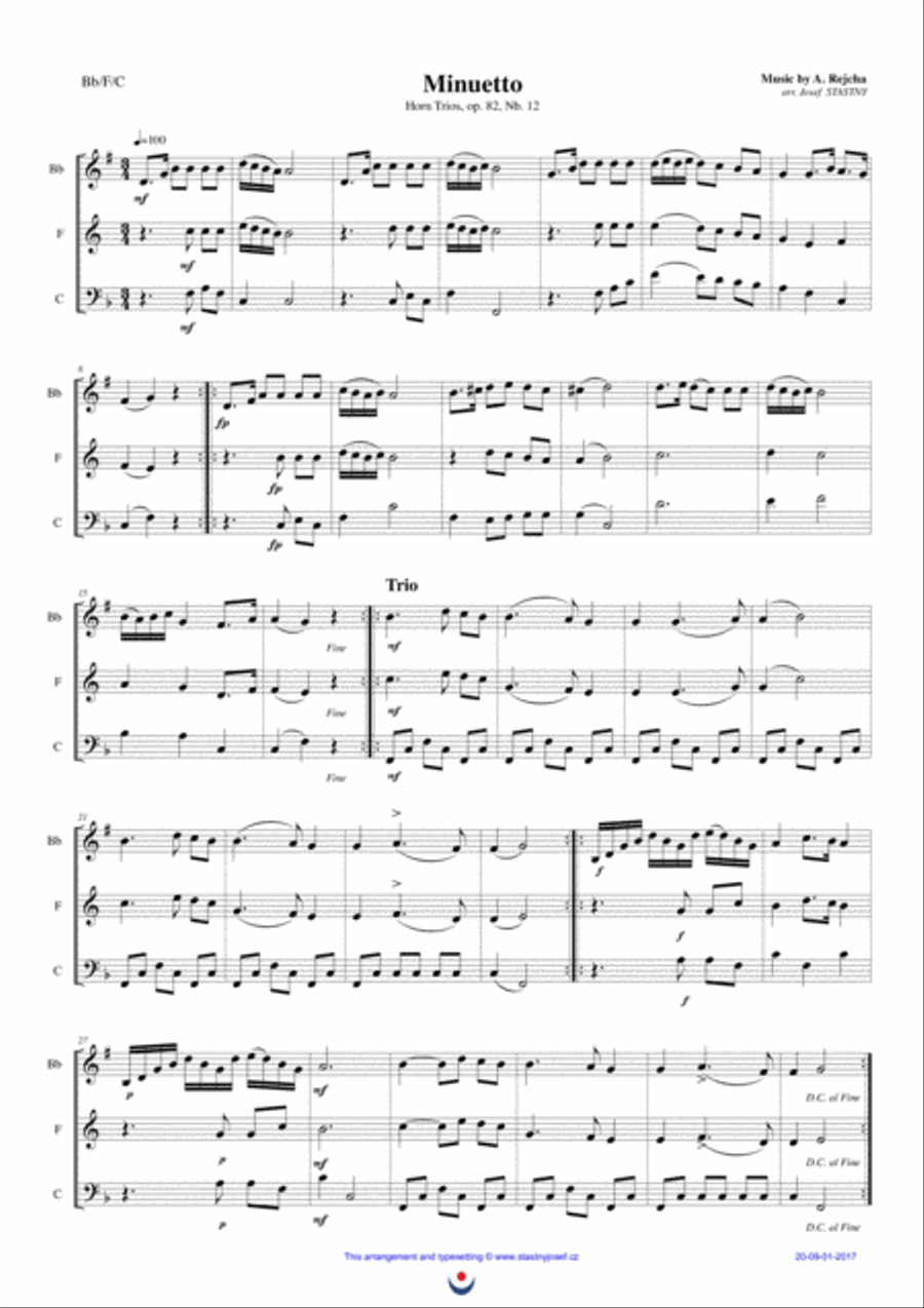 Horn Trios, Nb. 12 MENUET and Nb. 23 MENUET Brass Trio scores gallery preview page 1