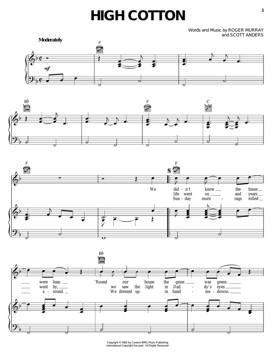 High Cotton Piano, Vocal, Guitar scores gallery preview page 1