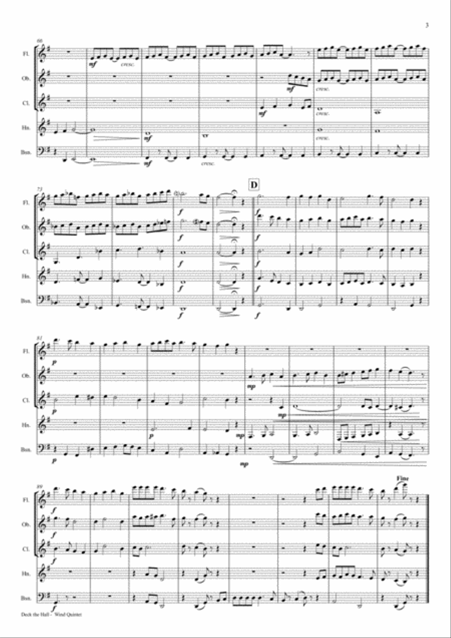Deck the halls - Christmas Carol - Polyphonic - Wind Quintet Woodwind Quintet scores gallery preview page 3