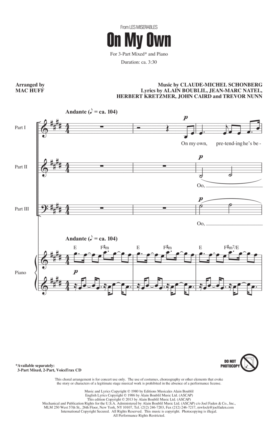 On My Own (from Les Miserables) (arr. Mac Huff) 3-Part scores gallery preview page 1
