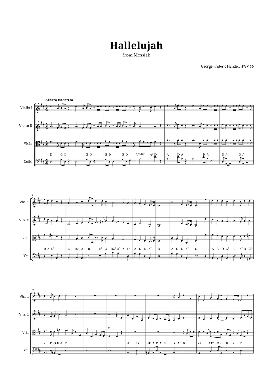 Hallelujah by Handel for String Quartet String Quartet scores gallery preview page 1