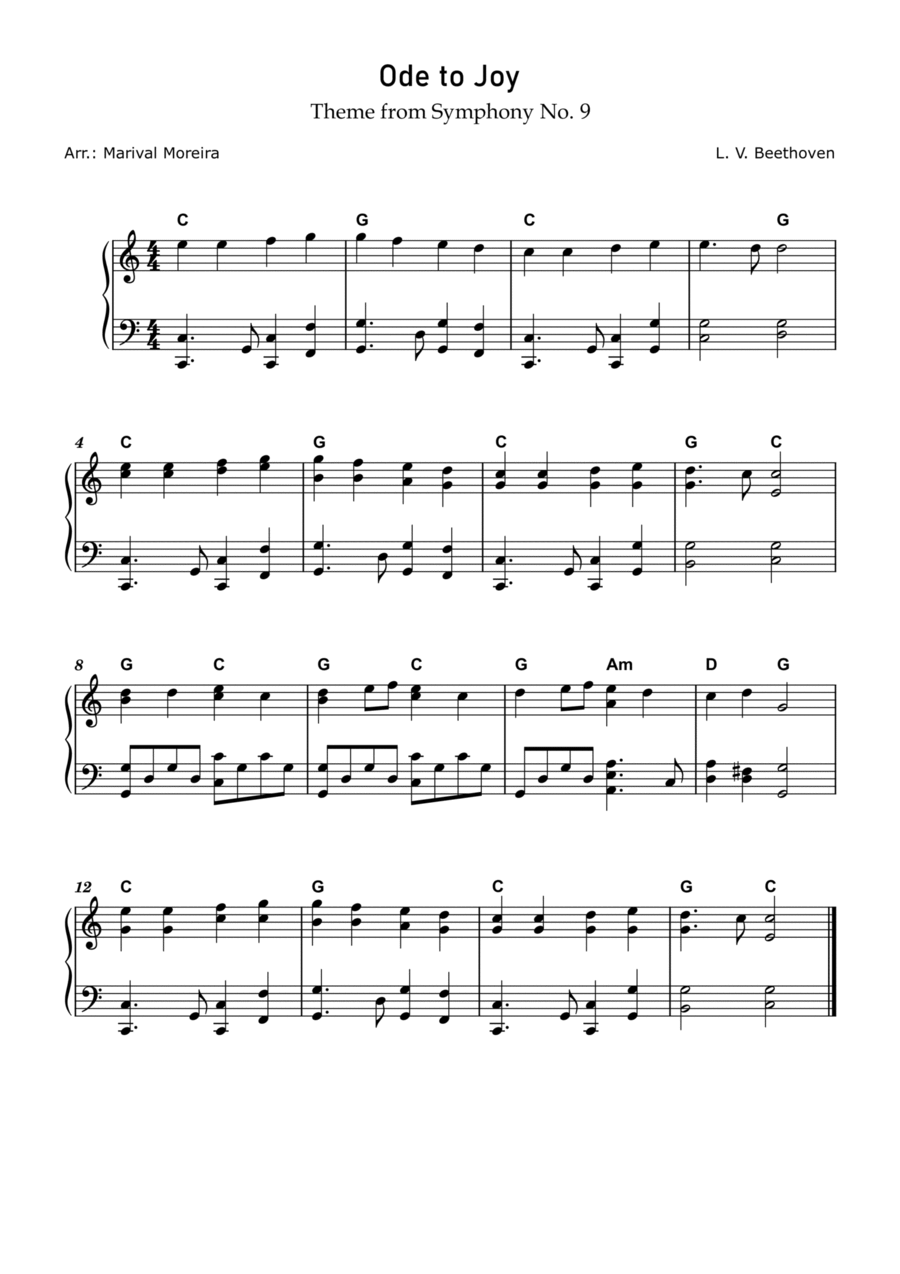 Ode to Joy - Beethoven (Intermediate piano) - Score and Chords Piano Solo scores gallery preview page 1