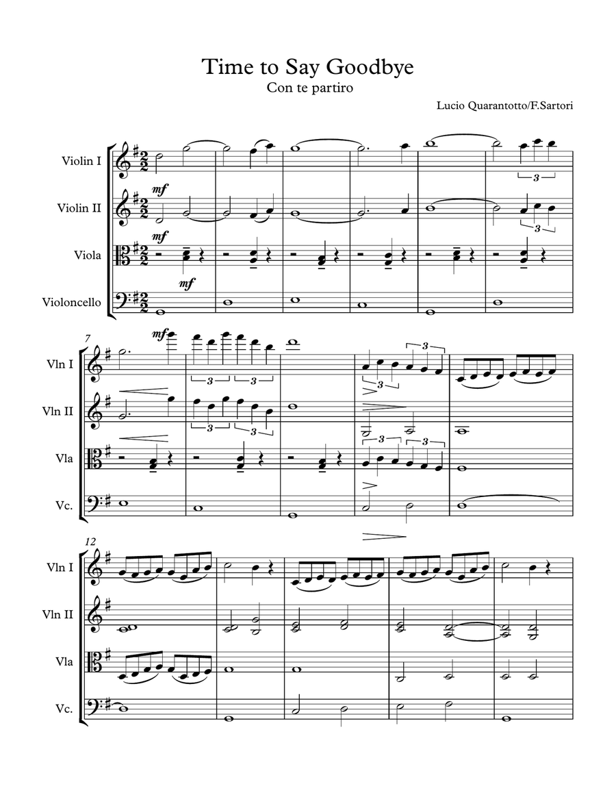 Time To Say Goodbye Time To Say Goodbye String Quartet scores gallery preview page 1