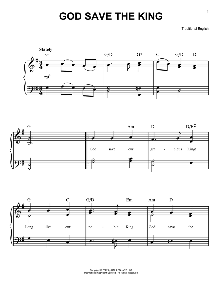 God Save The King (UK National Anthem) Easy Piano scores gallery preview page 1