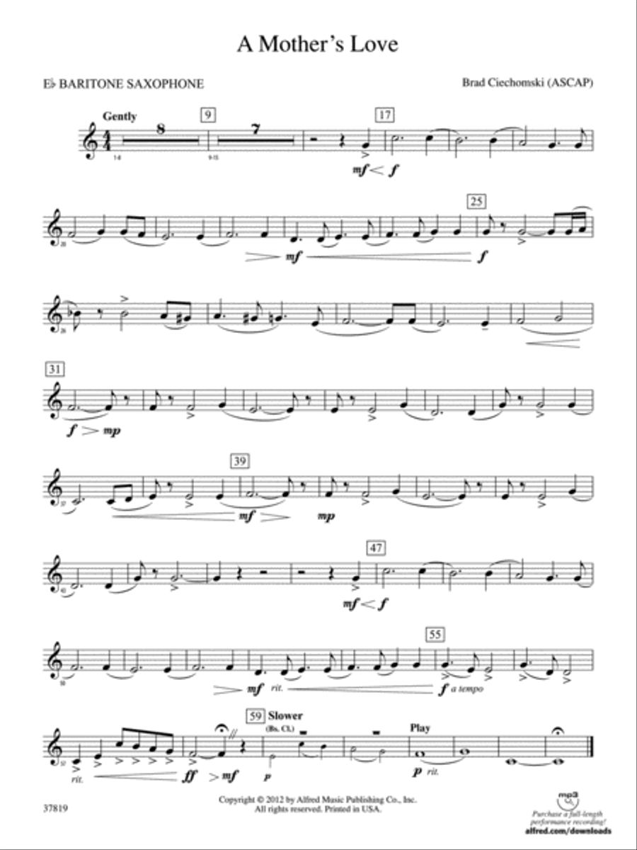 A Mother's Love: E-flat Baritone Saxophone Concert Band scores gallery preview page 1