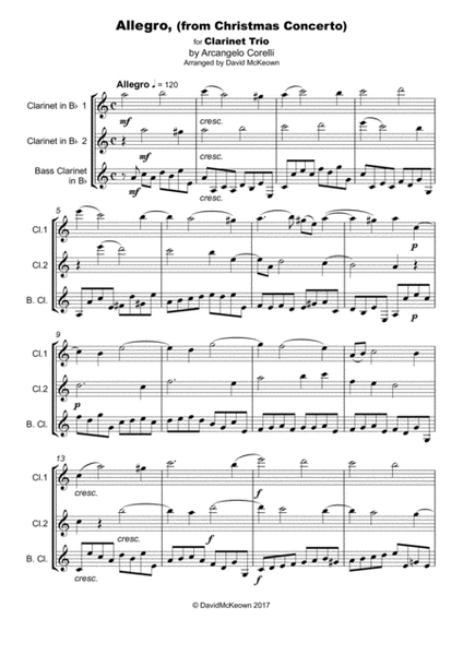 Christmas Concerto, Allegro, by Corelli; for Clarinet trio