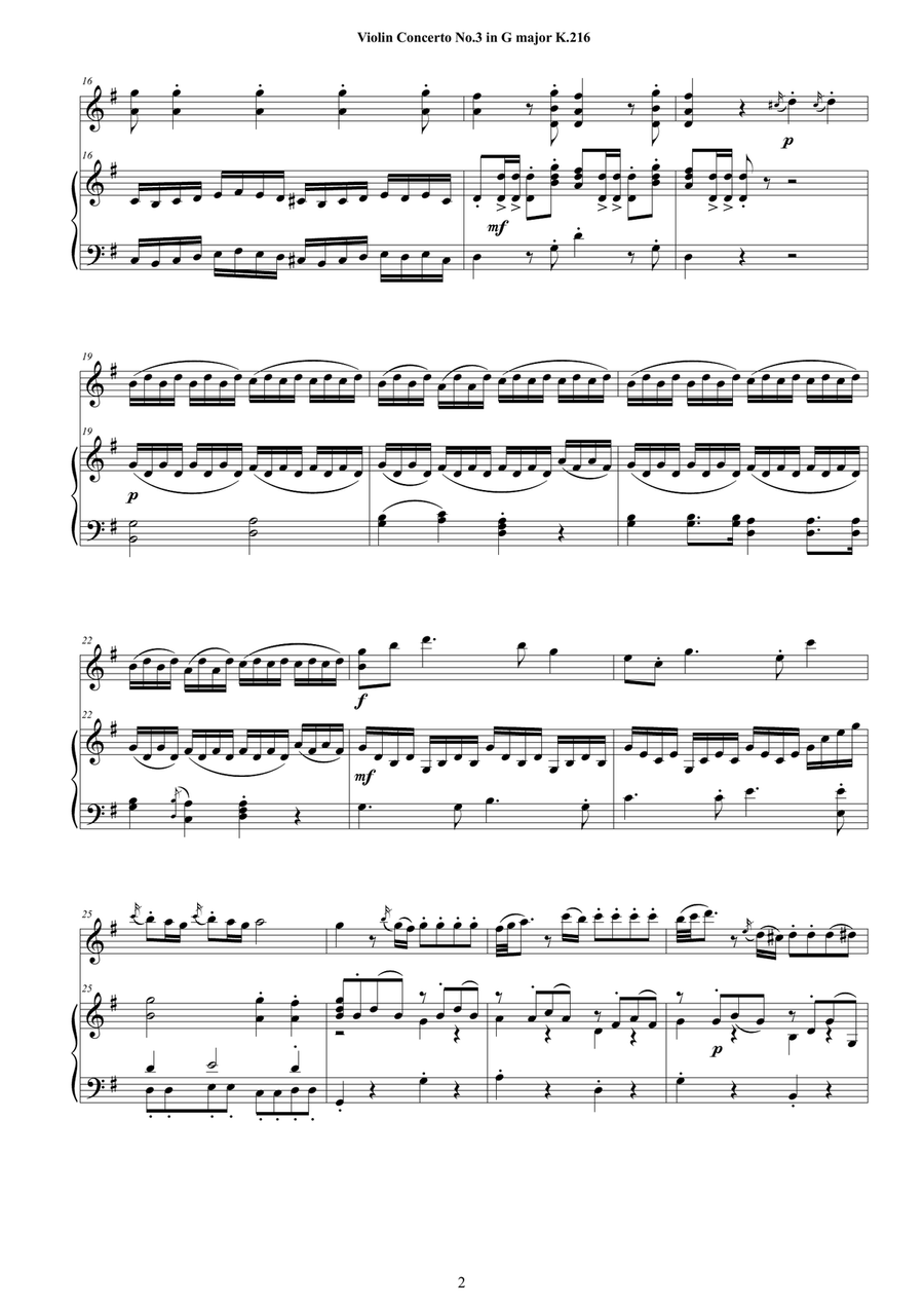 Mozart - Violin Concerto No.3 in G major K 216 for Violin and Piano - Score and Part Violin Solo scores gallery preview page 2