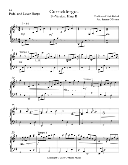 Carrickfergus B-Version, Harp II by Serena O'Meara Celtic Harp - Digital Sheet Music