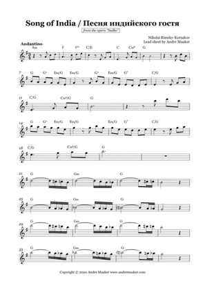 "Song of India / Песня индийского гостя" - N. Rimsky-Korsakov, lead sheet (melody+chord symbols).