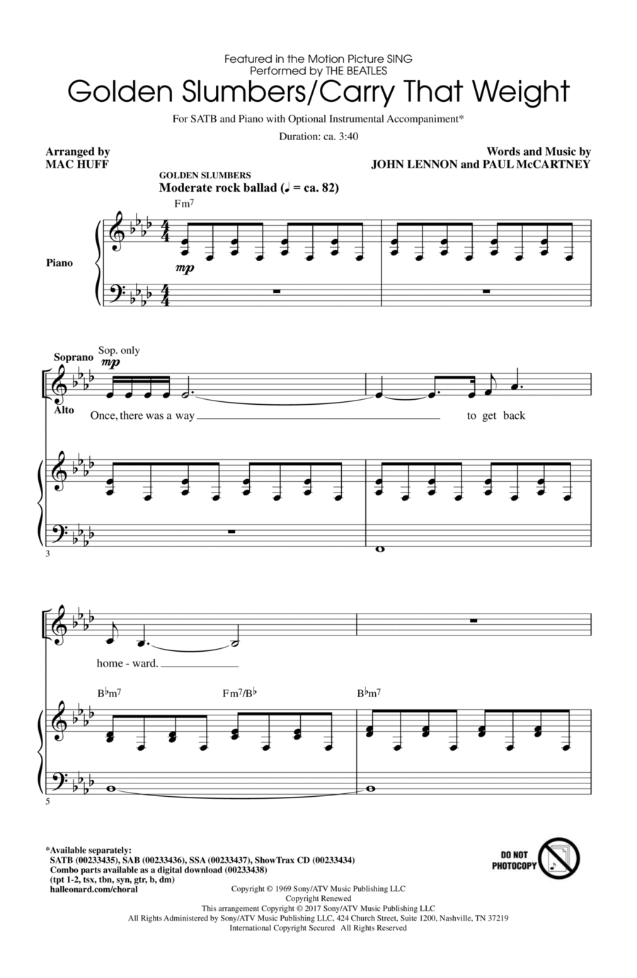 Golden Slumbers/Carry That Weight (from Sing) (arr. Mac Huff) 4-Part scores gallery preview page 1