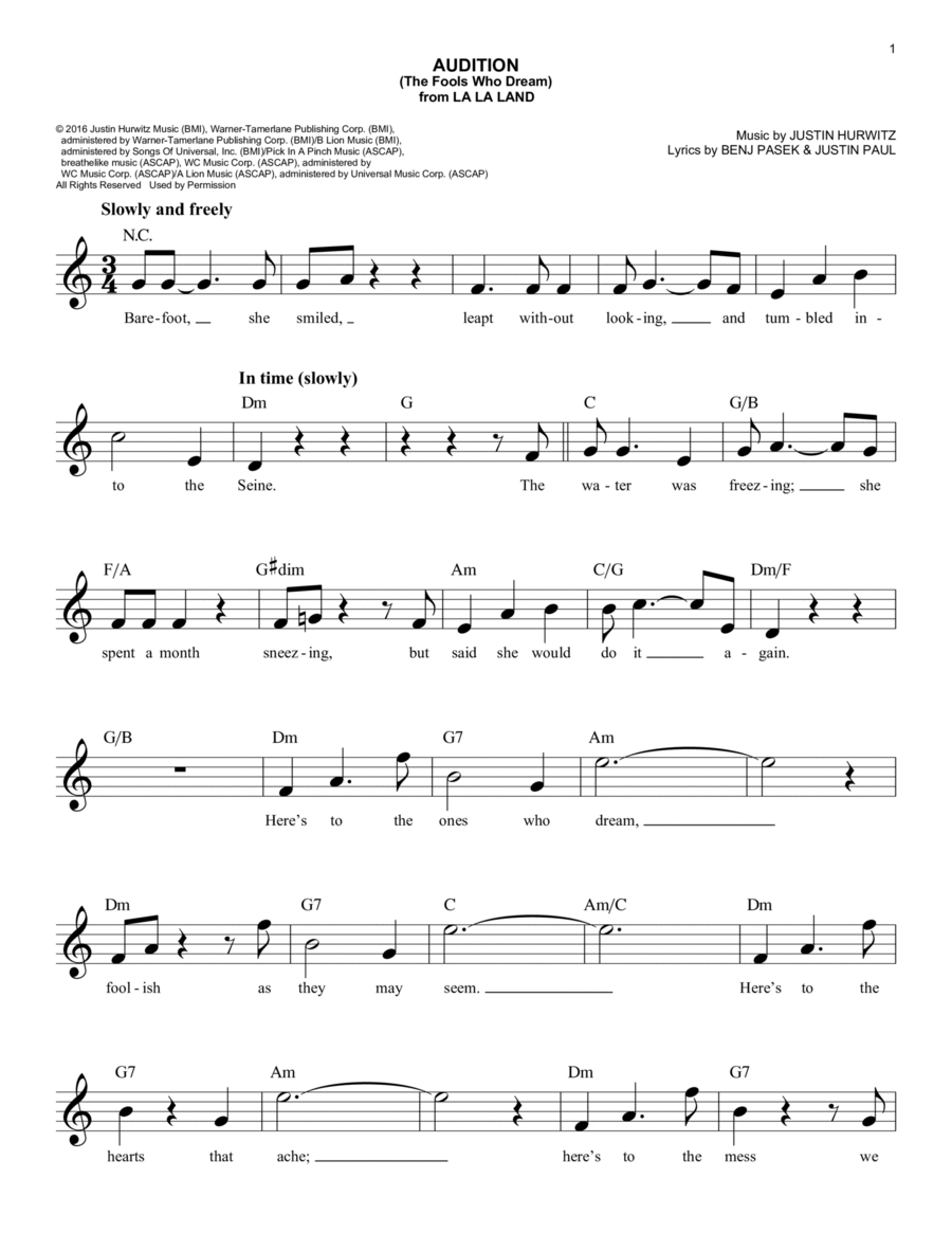 Audition (The Fools Who Dream) (from La La Land) Piano scores gallery preview page 1