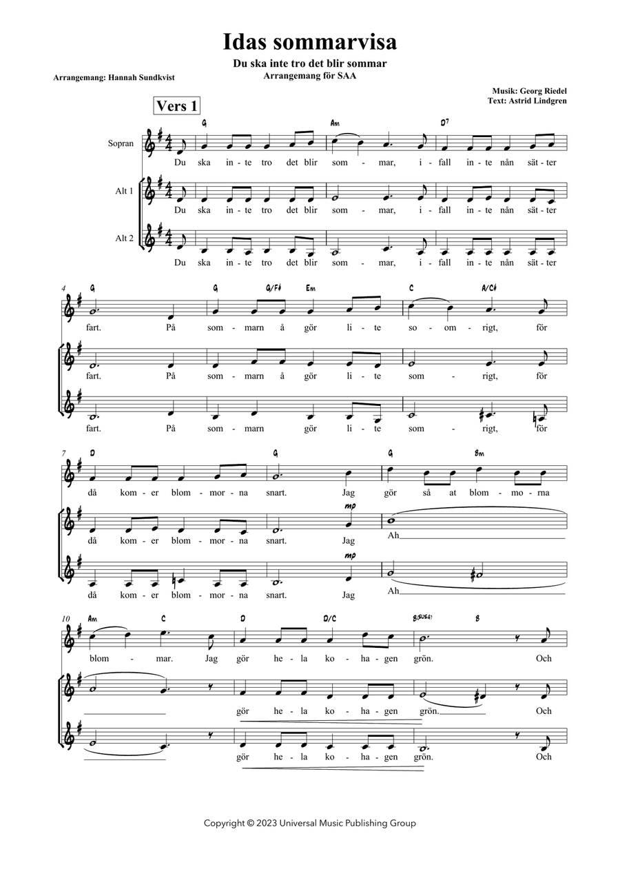 Idas Sommarvisa (Du Ska Inte Tro Det Blir Sommar) A Cappella scores gallery preview page 1