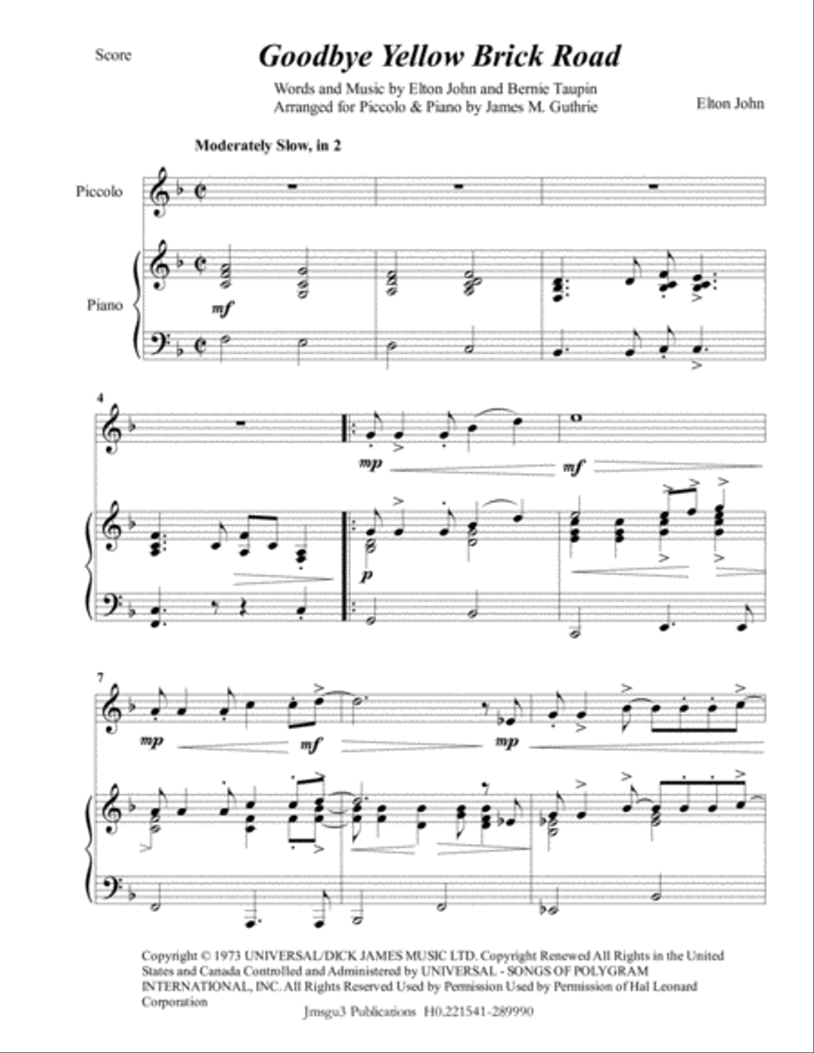 Goodbye Yellow Brick Road Piccolo scores gallery preview page 1