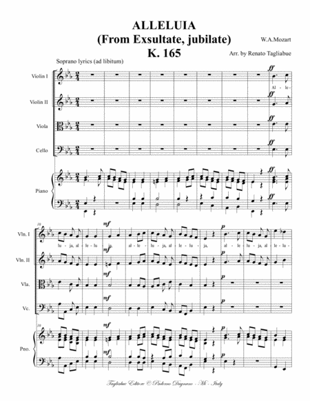 ALLELUIA - (From Exsultate, Jubilate) K 165 Arr. for String Quartet and Piano (Soprano lyrics ad lib image number null