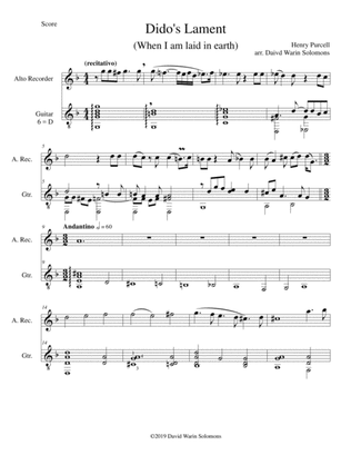 Dido's Lament - When I am laid in earth - arranged for alto recorder and guitar