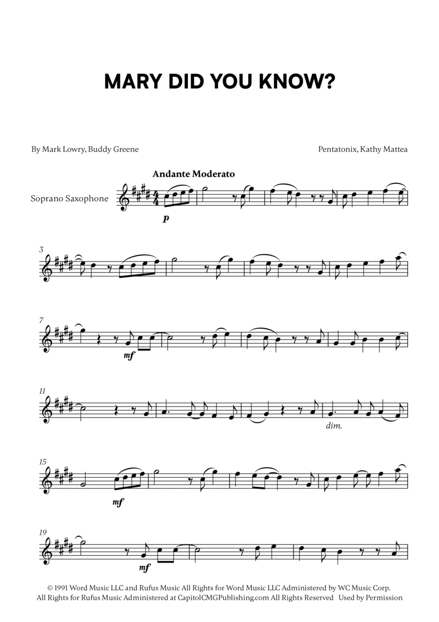 Mary, Did You Know? Soprano Saxophone scores gallery preview page 1