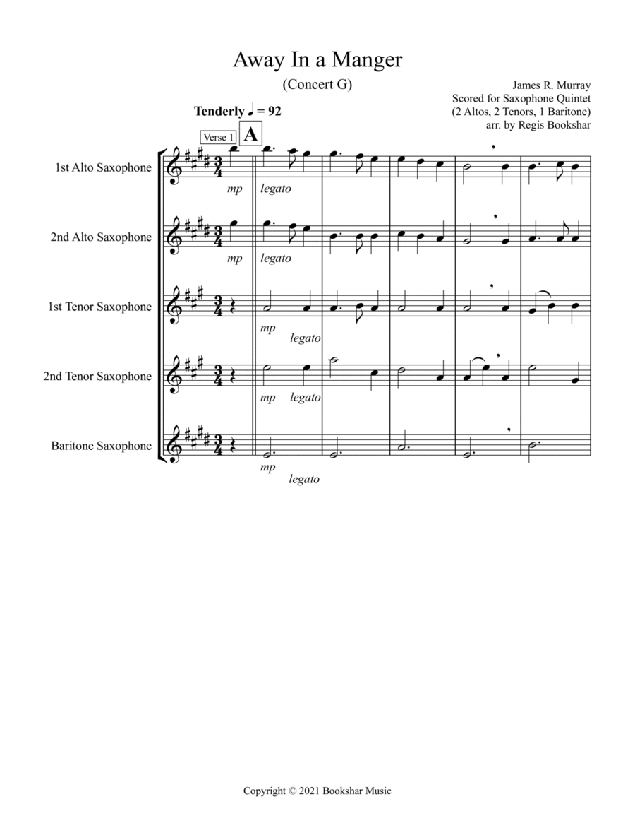 Away in a Manger (G) (Saxophone Quintet - 2 Alto, 2 Tenor, 1 Bari) Saxophone Quintet scores gallery preview page 1