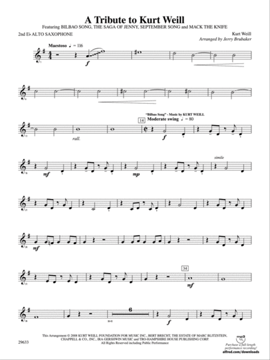 A Tribute to Kurt Weill: 2nd E-flat Alto Saxophone Concert Band scores gallery preview page 1