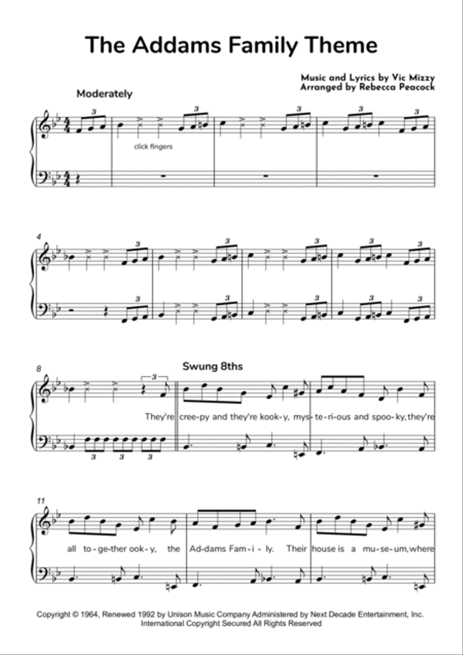 Addams Family Theme Easy Piano scores gallery preview page 2