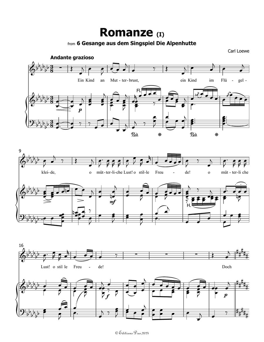 Romanze(I), by Carl Loewe, in G flat Major Piano, Vocal scores gallery preview page 3