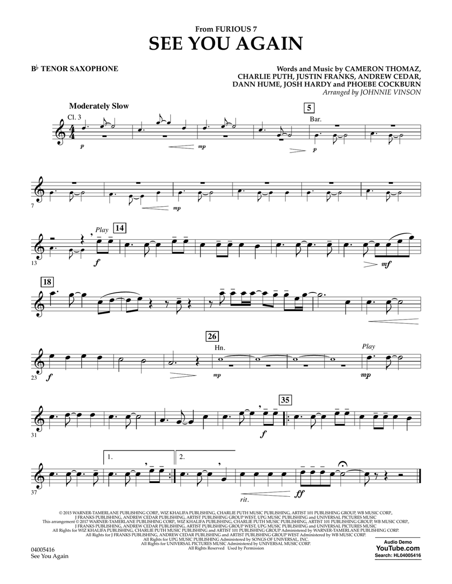 See You Again - Bb Tenor Saxophone