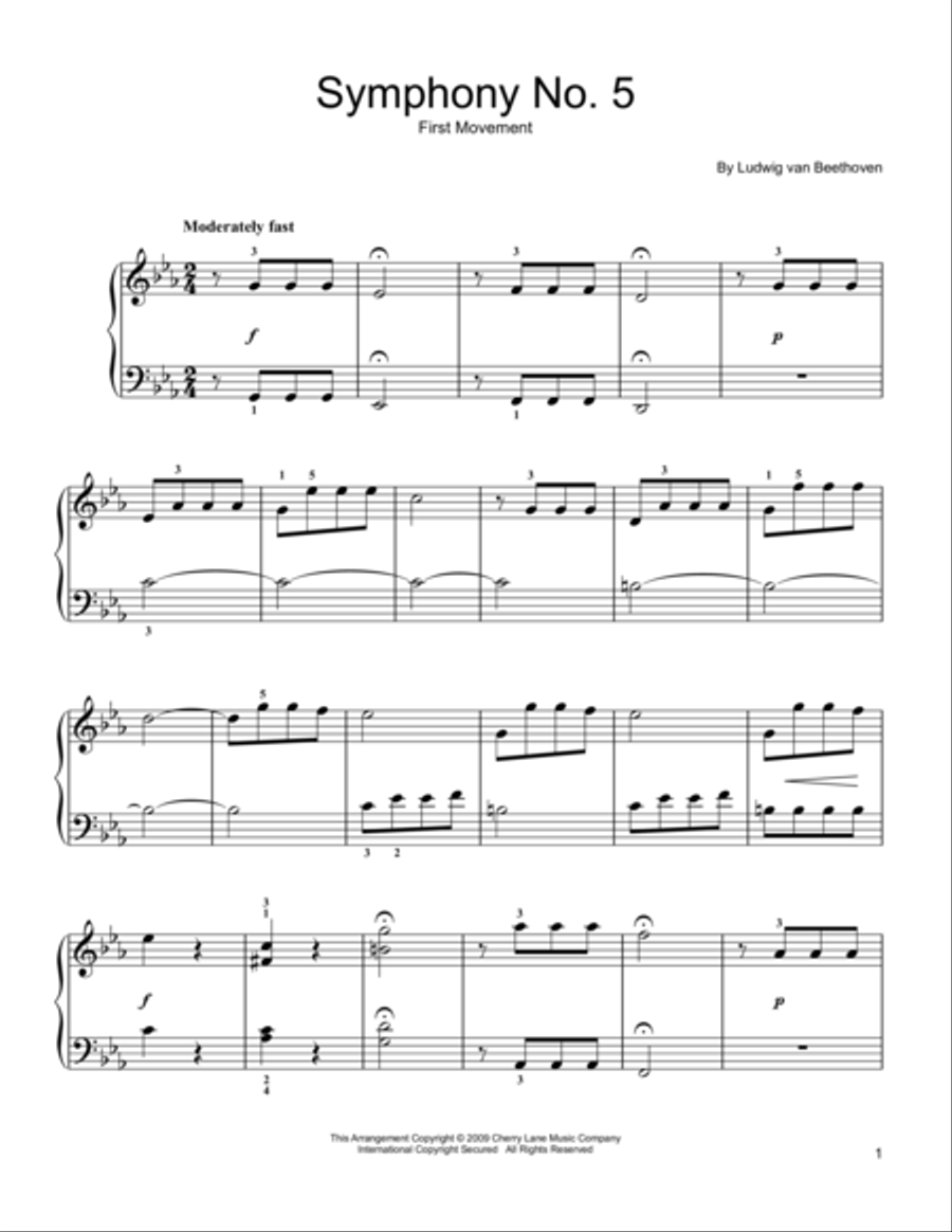 Symphony No. 5 in C Minor, First Movement Excerpt Easy Piano scores gallery preview page 1