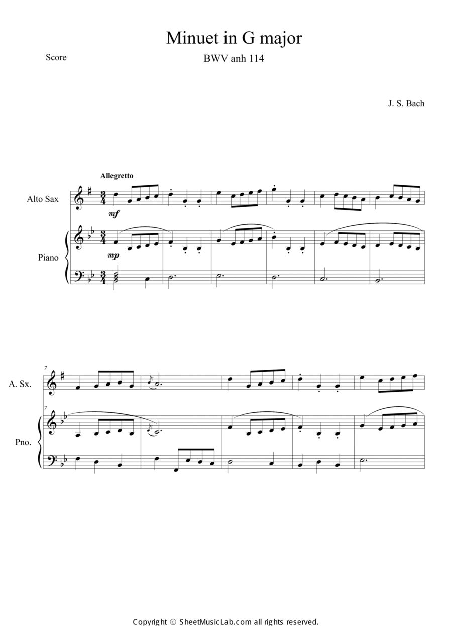 Minuet in G Major BWV anh 114 (in Bb) Alto Saxophone scores gallery preview page 1