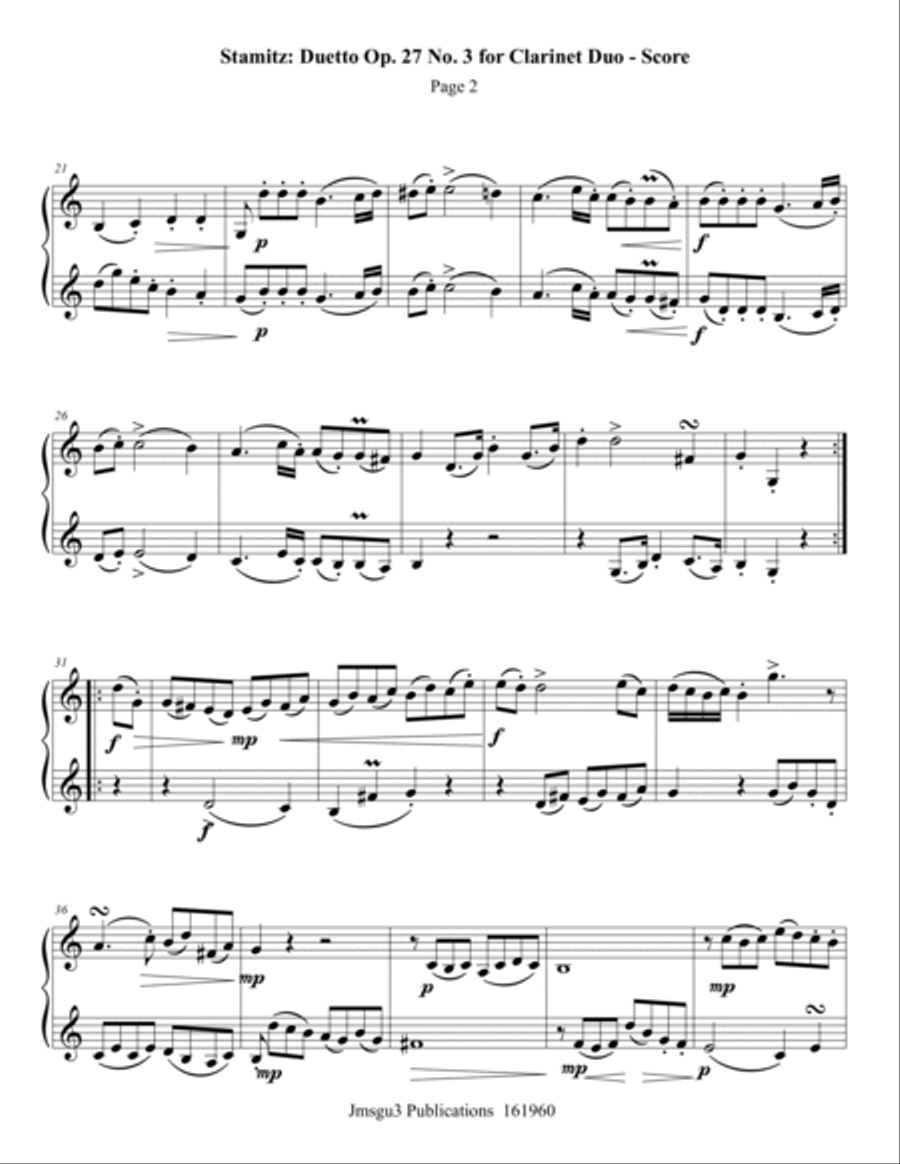 Stamitz: Duet Op. 27 No. 3 for Clarinet Duo Clarinet Duet scores gallery preview page 2