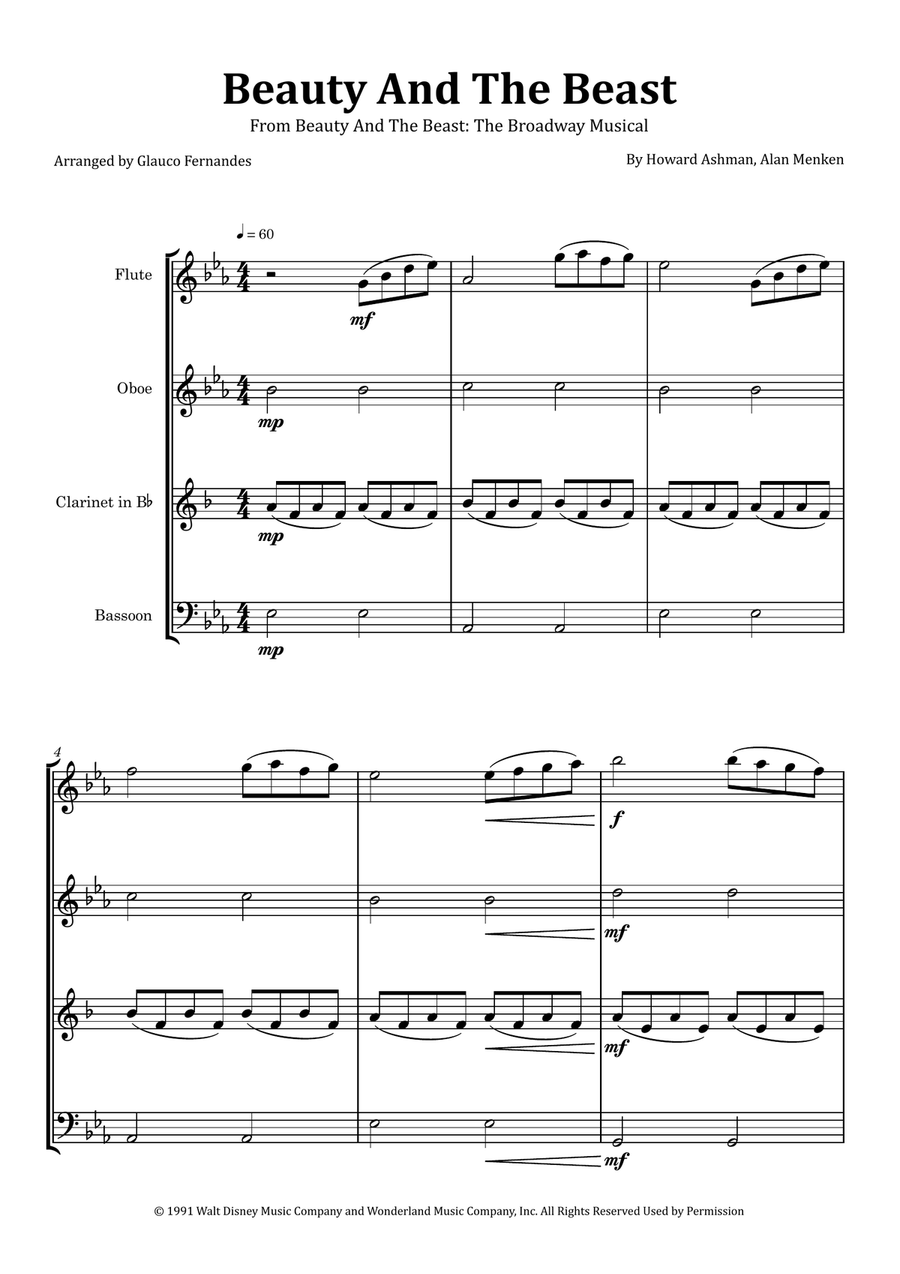 Beauty And The Beast Woodwind Quartet scores gallery preview page 1