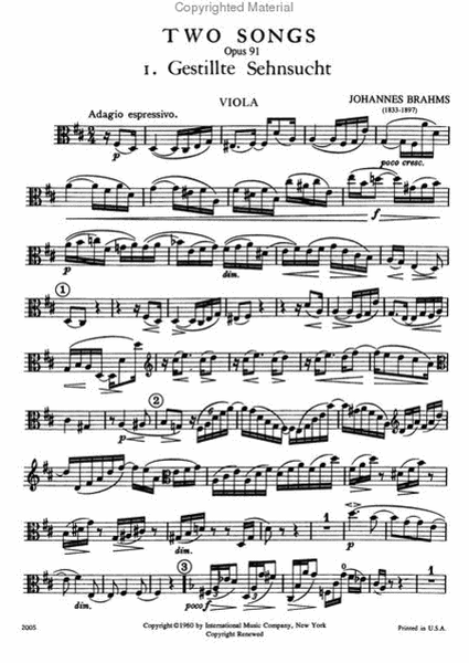 Two Songs, Opus 91 For Contralto (With Viola Or Cello Obligato) (G. & E.)