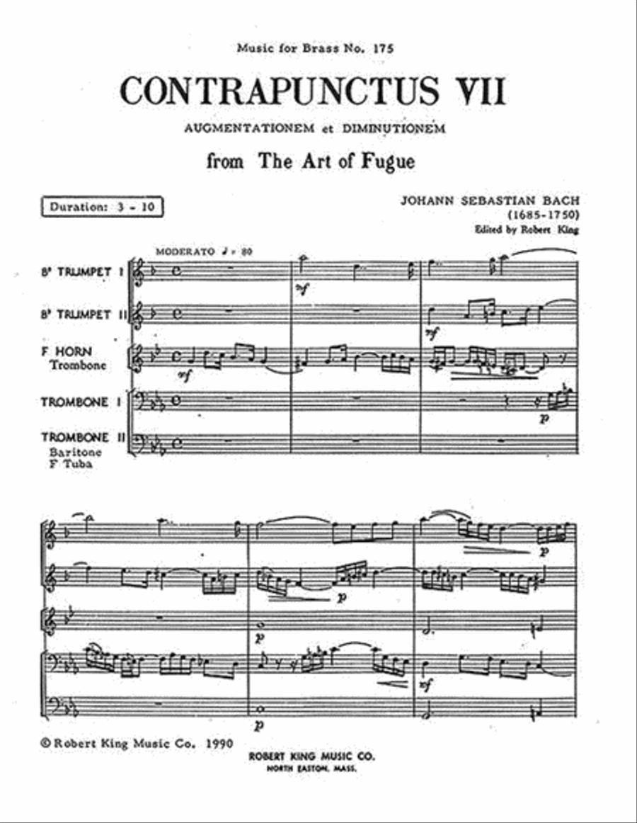 Bach Js King Art Of Fugue Contrapunctus 7 Brass Quintet Mfb175 Sc/pts