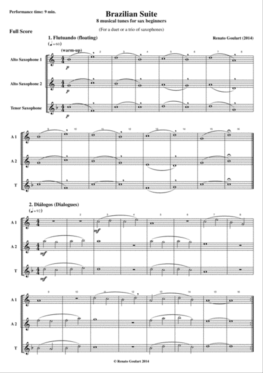 Brazilian Suite - 8 musical tunes for sax beginners (score and parts) image number null