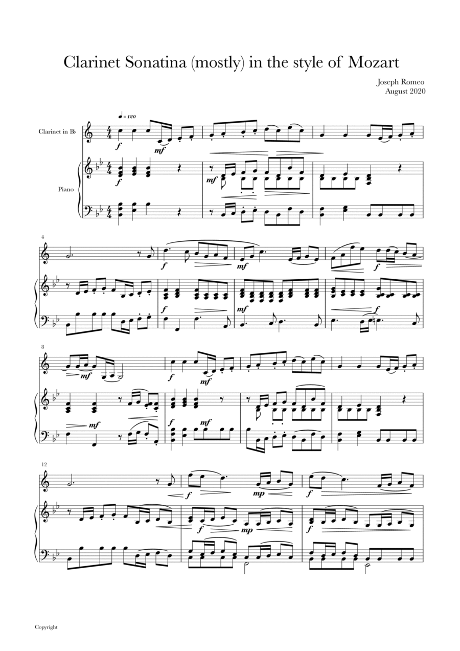 Clarinet Sonatina mostly in the style of Mozart B-Flat Clarinet scores gallery preview page 1