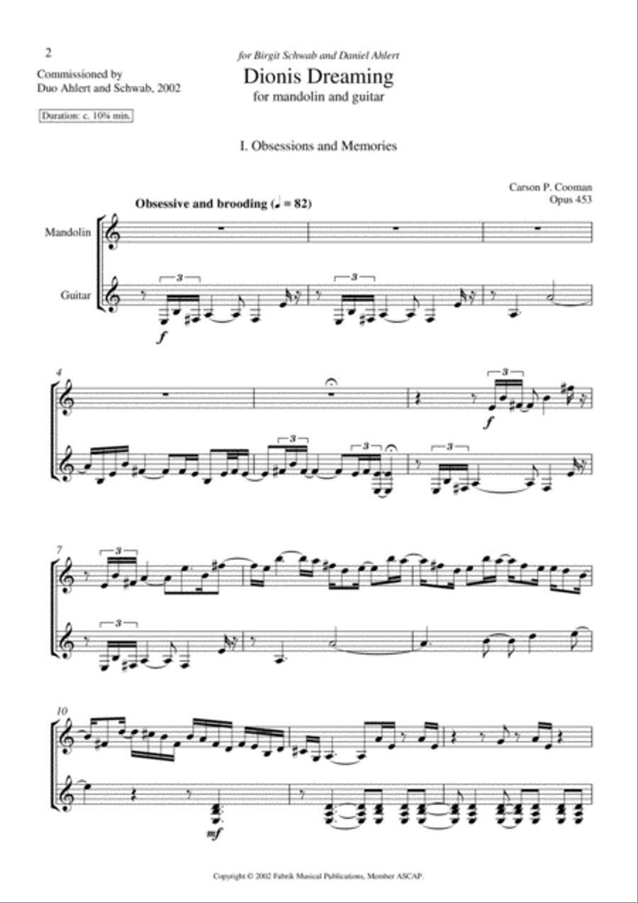 Carson Cooman: Dionis Dreaming (2002) for mandolin and guitar Guitar Solo scores gallery preview page 2