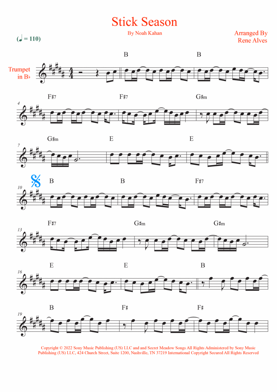 Stick Season Stick Season B-Flat Trumpet scores gallery preview page 1