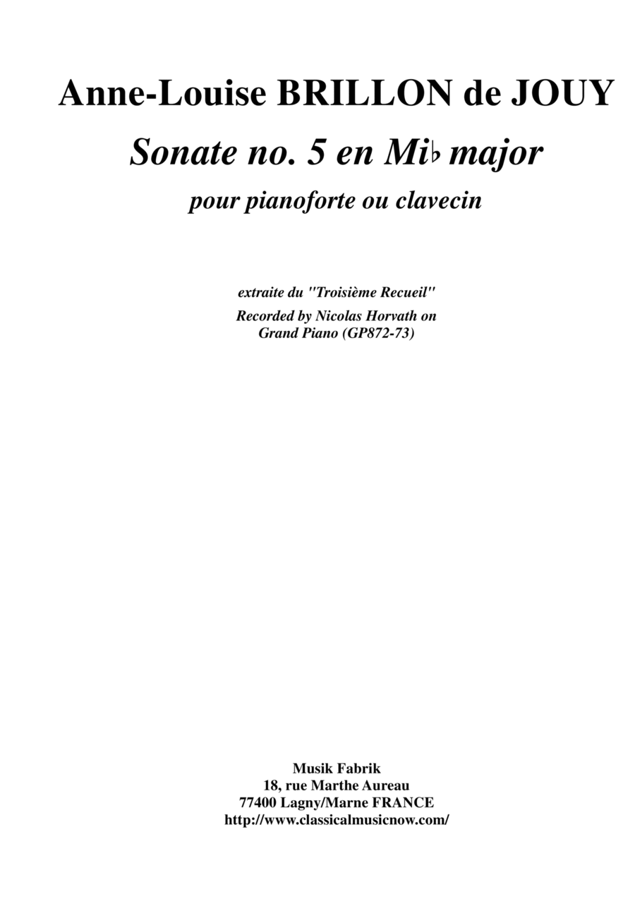Anne-Louise Brillon de Jouy: Sonata no. 5 in Eb major for piano or harpsichord Harpsichord scores gallery preview page 1